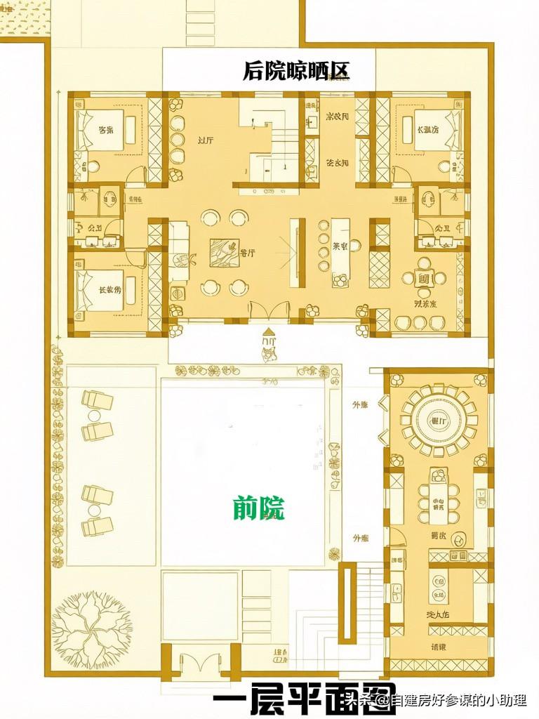 有天有地有院子，这个图纸挑不出毛病[比心][比心]一层采用前院入户格局，中央设置