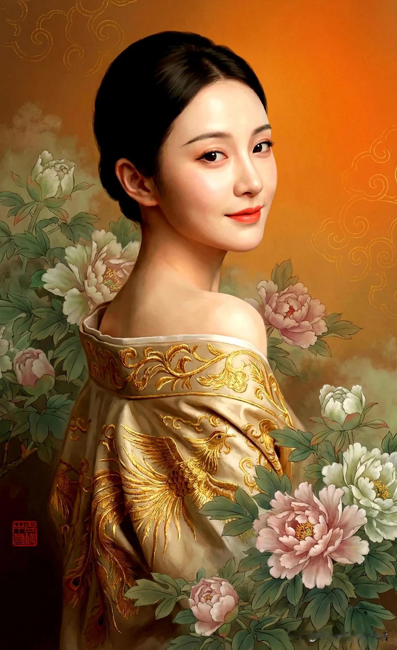 金衣美人倚花丛，笑语如花映春风。