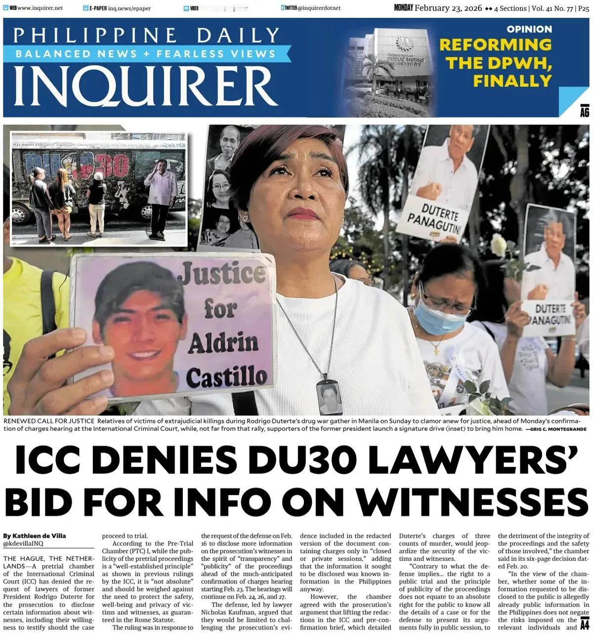 《菲律宾每日问询者报》头版报道称，国际刑事法院检察官周一告诉法官，前菲律宾总统罗