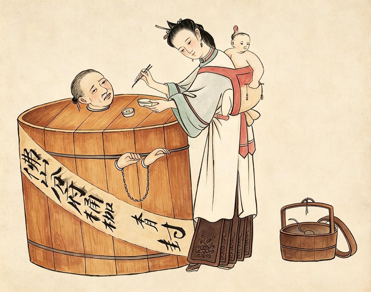 这是一八六零根据当年真实场景绘的一幅画。一名年轻女子背着孩子去给受刑的亲人送饭并