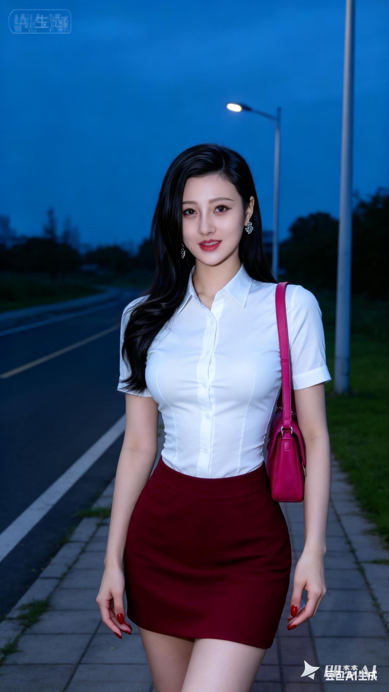都市夜色下的优雅穿搭，白衬衫+红裙，时尚又迷人！🌃✨
