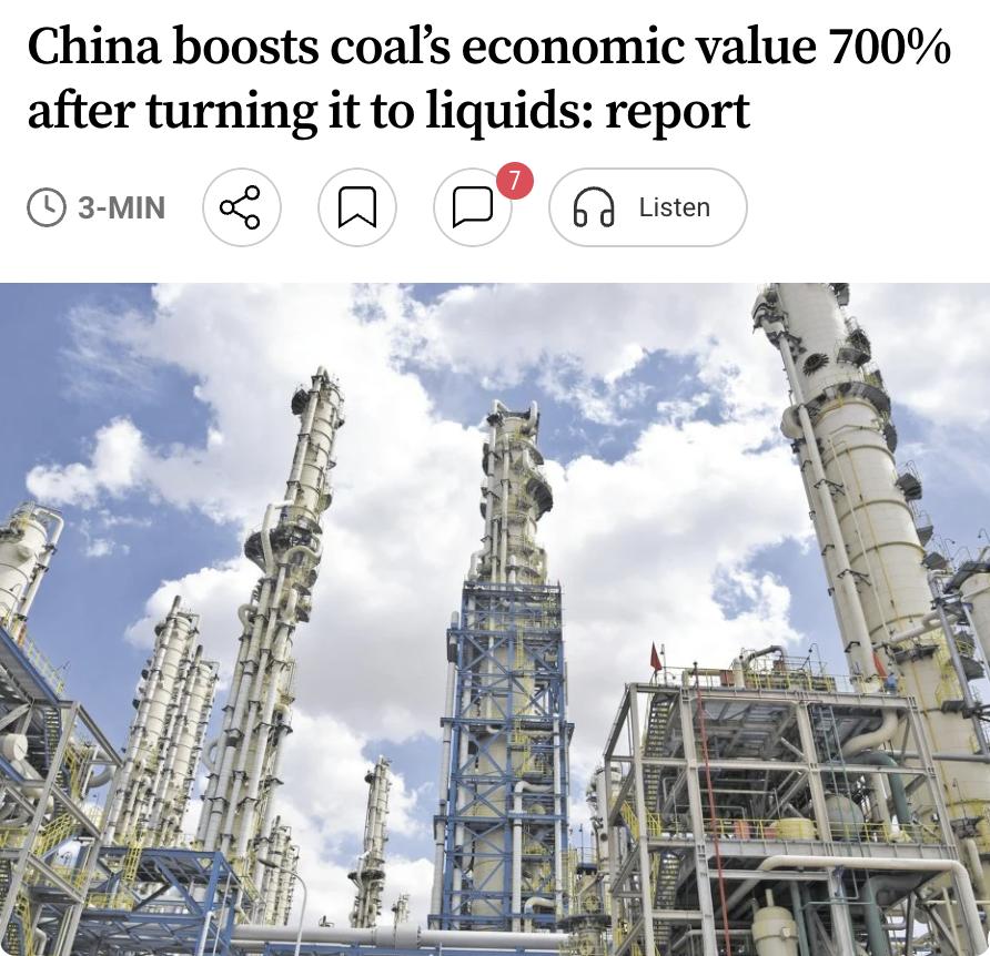 外媒：中国通过煤制油技术将煤炭经济价值提升700%。由中国国家能源集团宁夏煤