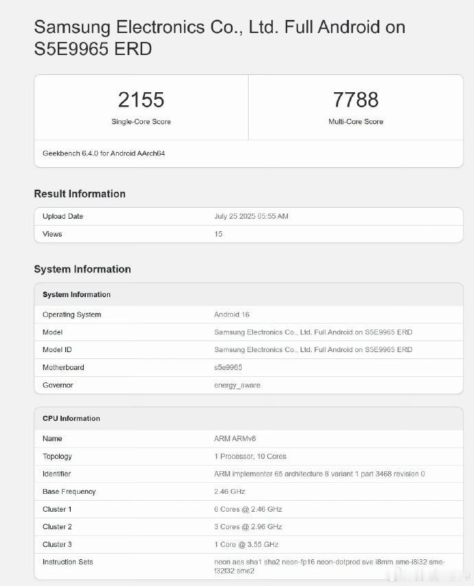 三星Exynos2600的跑分，单核2155，多核7788，虽然明显不及骁龙8