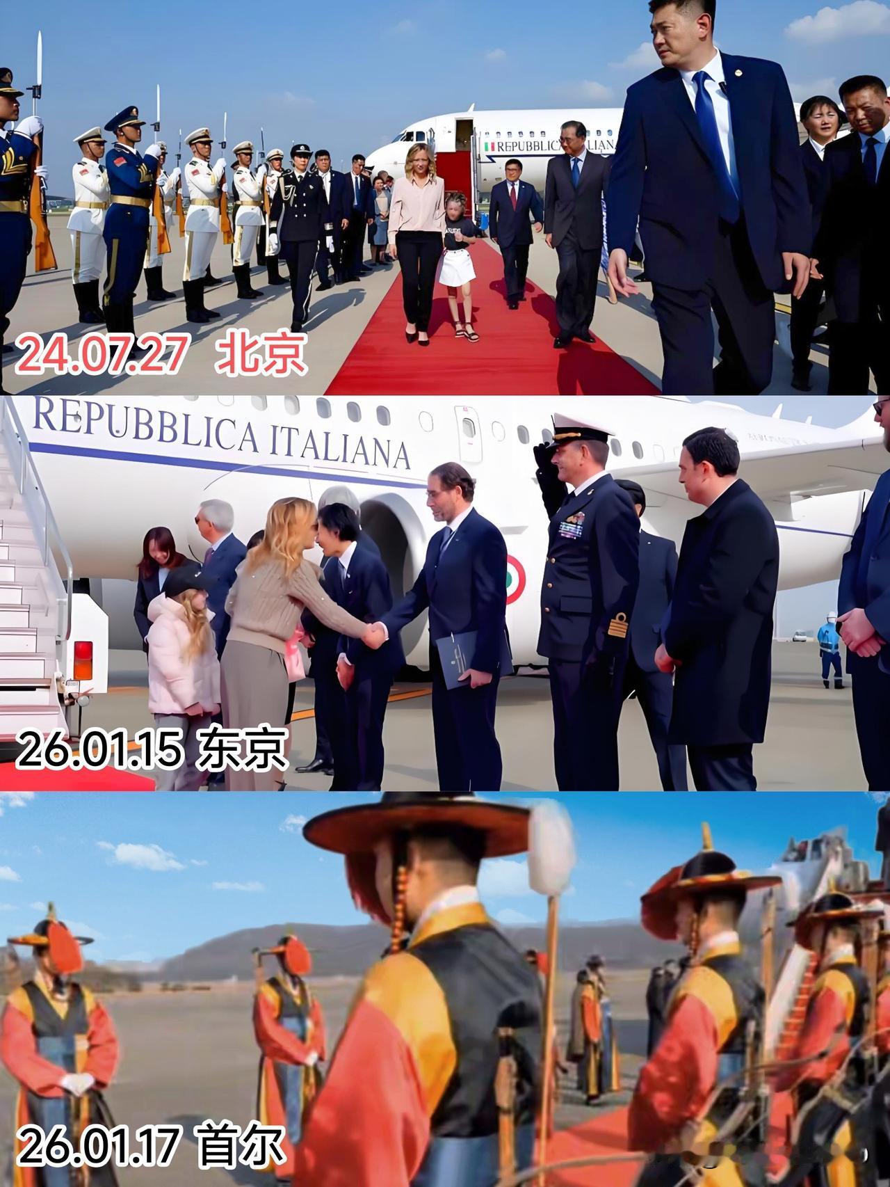 梅洛尼访问中日韩...只在中国，下飞机全程不戴墨镜。看阵仗，就判定了外访级别!