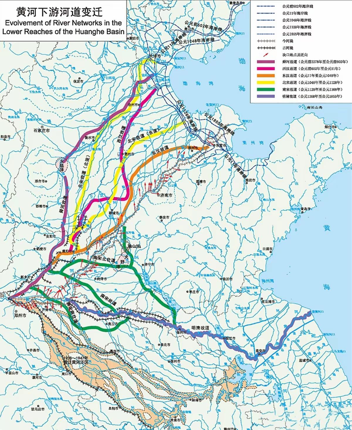 黄河下游河道变迁图，黄河母亲河与泰山老奶奶的千年较量。黄河下游素有“善淤、