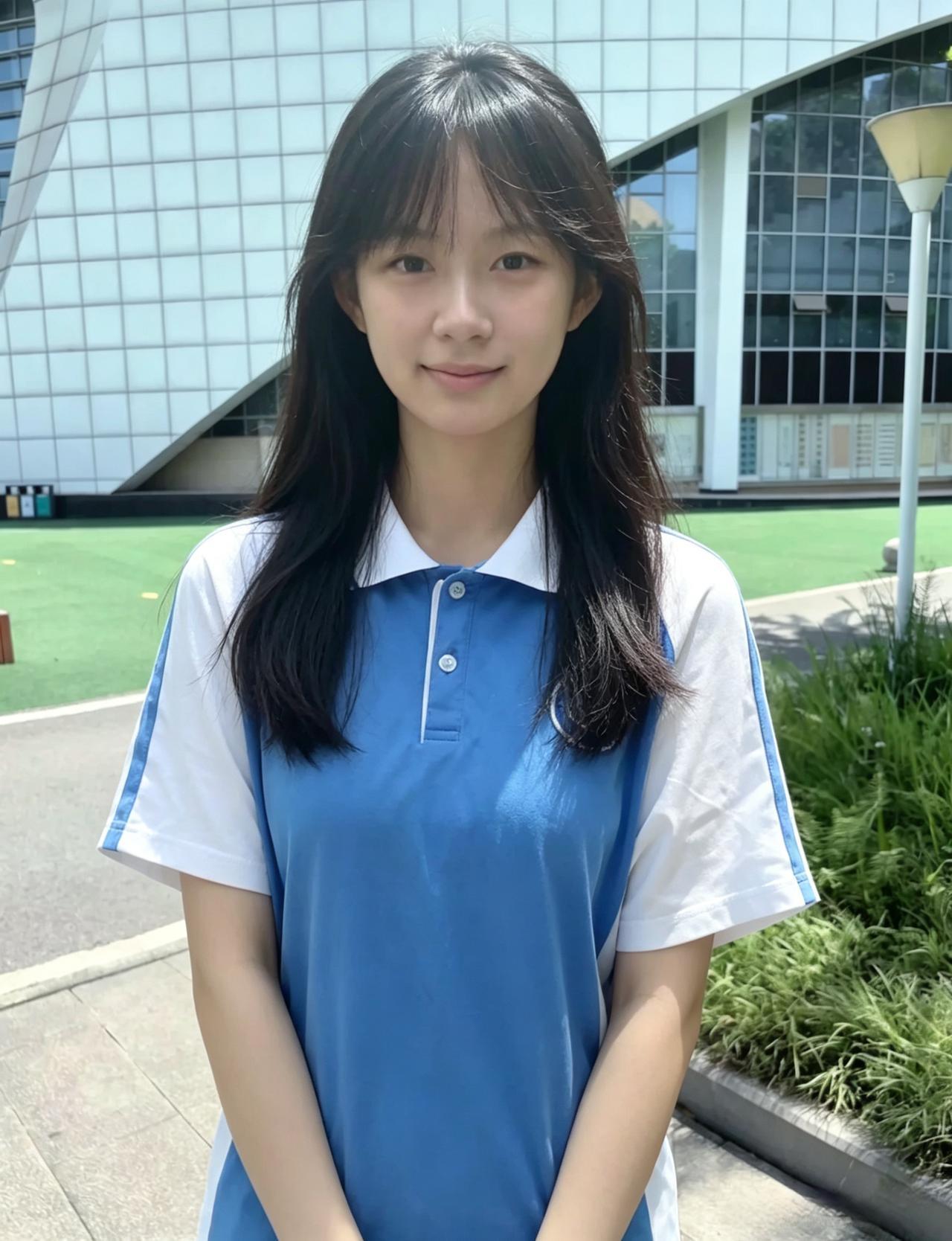 蓝白相间少年装，立处清风满学堂。浅笑安然容色好，青春自带一身光。