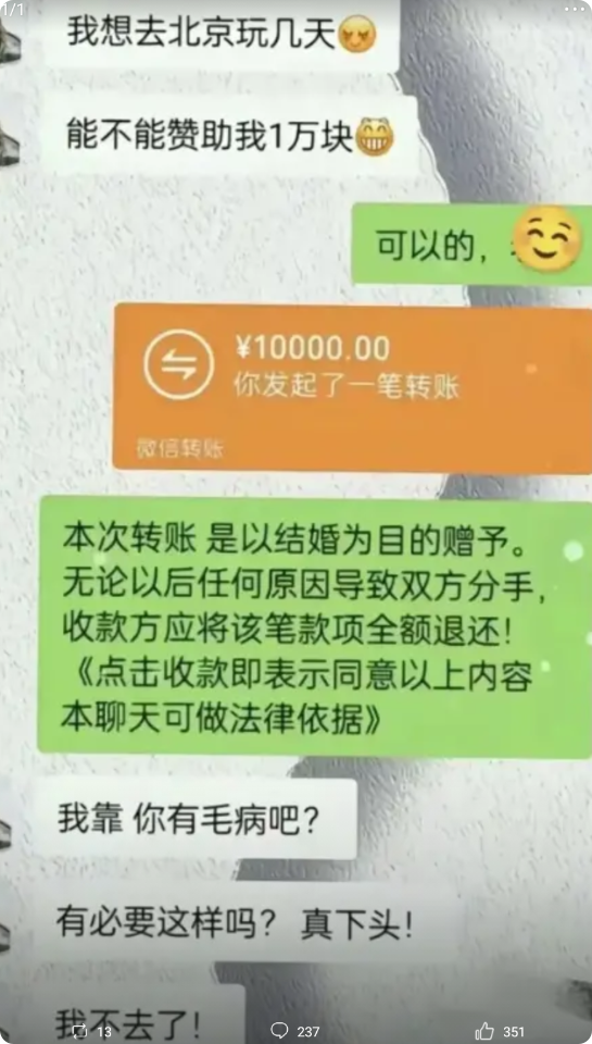 女子想去北京旅游，开口向男友要一万块钱，男友也不墨迹，痛痛快快给女子转了一万。但