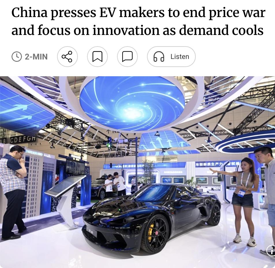 外媒：中国督促车企终结价格战，转向技术创新面对国内需求降温及政府补贴退坡，中