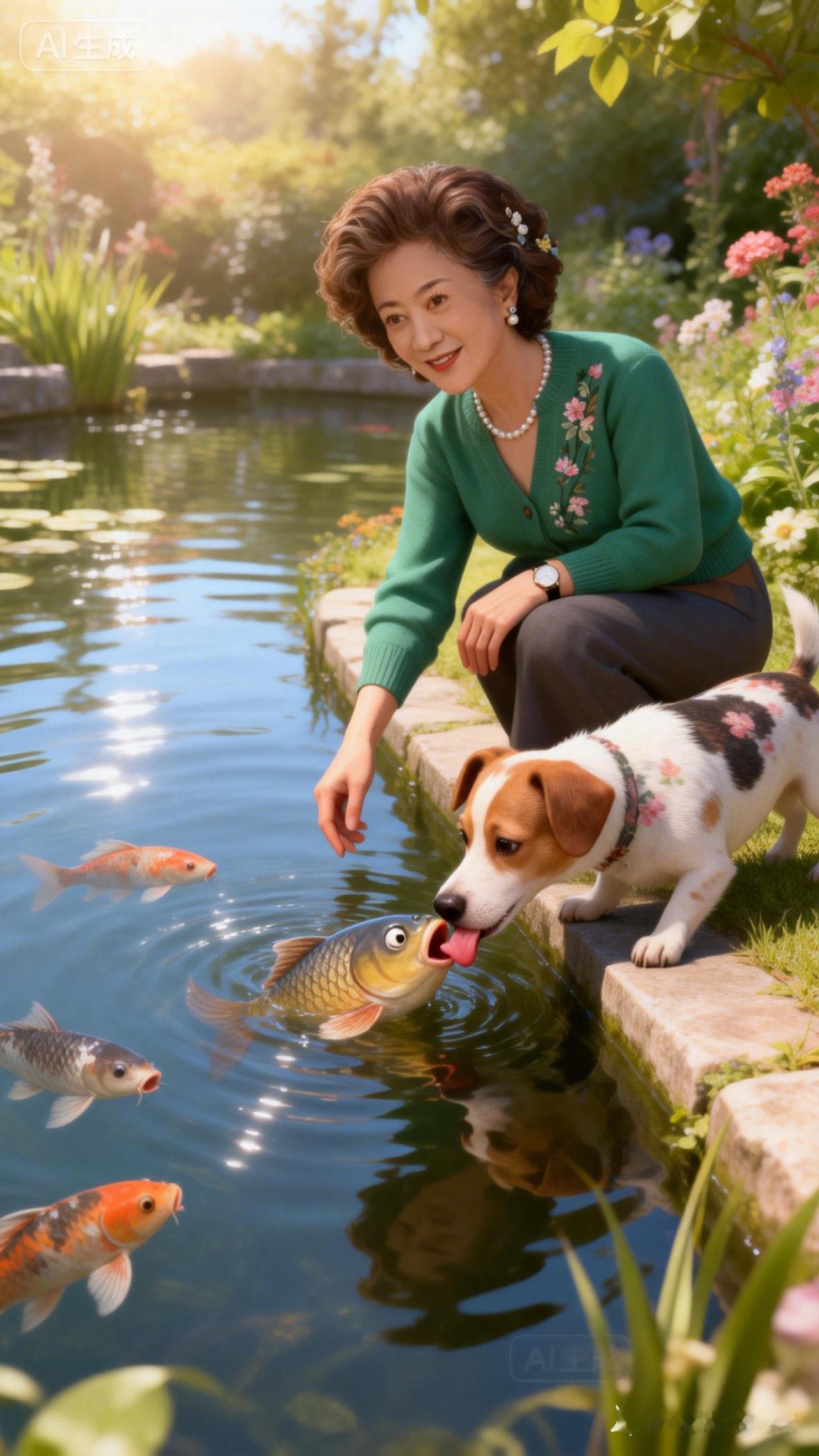阳光洒满的花园里，奶奶和狗狗一起喂鱼，温馨美好！🌞🐾🐟