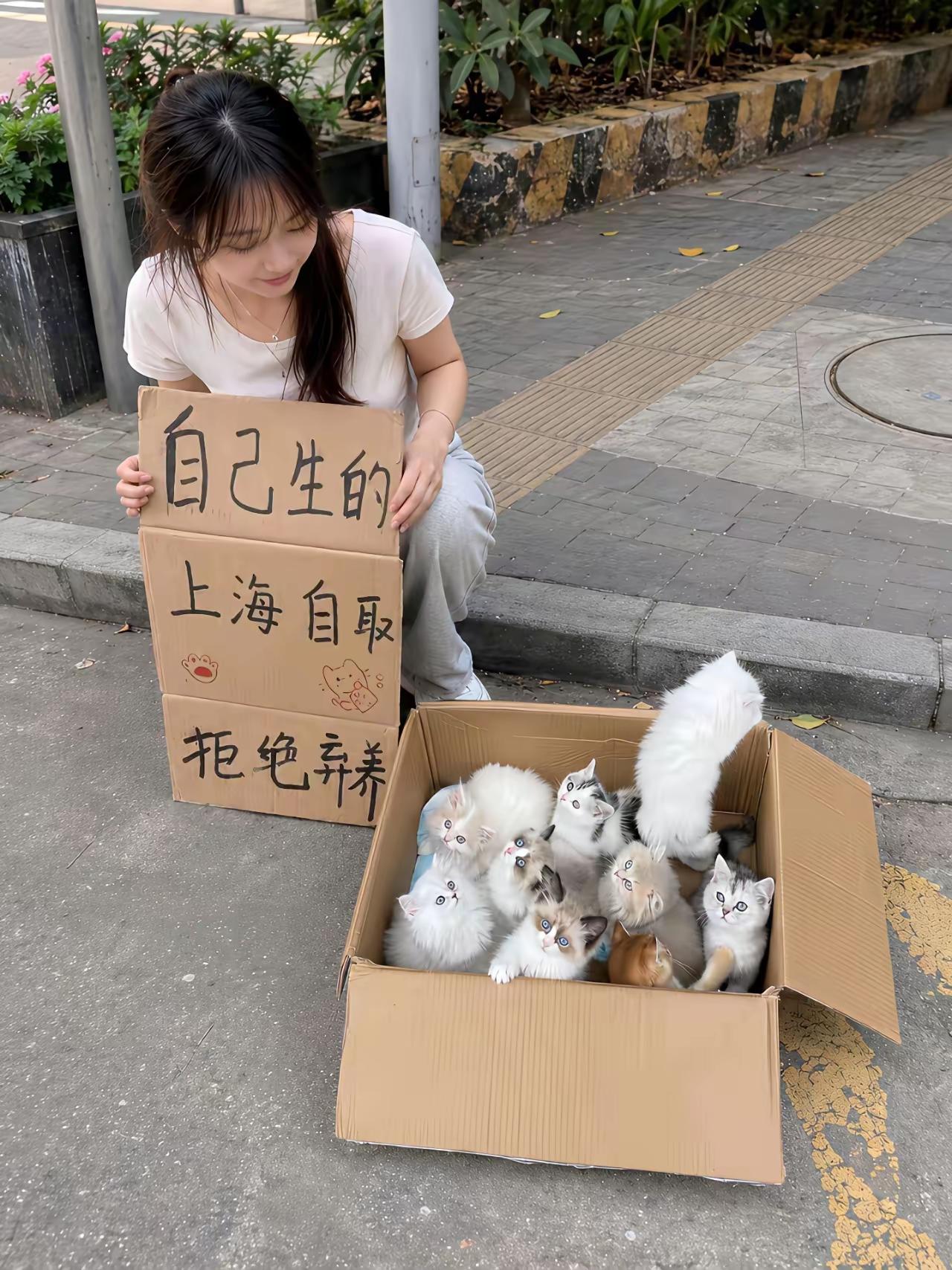 一个少女蹲在路边，她的旁边放了一只纸箱，纸箱里面有九只可爱的小猫咪，手里还拿着一