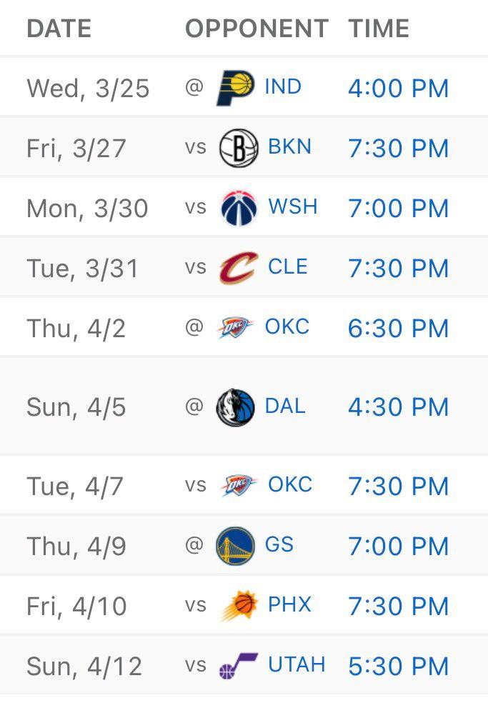 湖人赛季剩余10场比赛对手：步行者、篮网、奇才、骑士、雷霆、独行侠、雷霆、勇