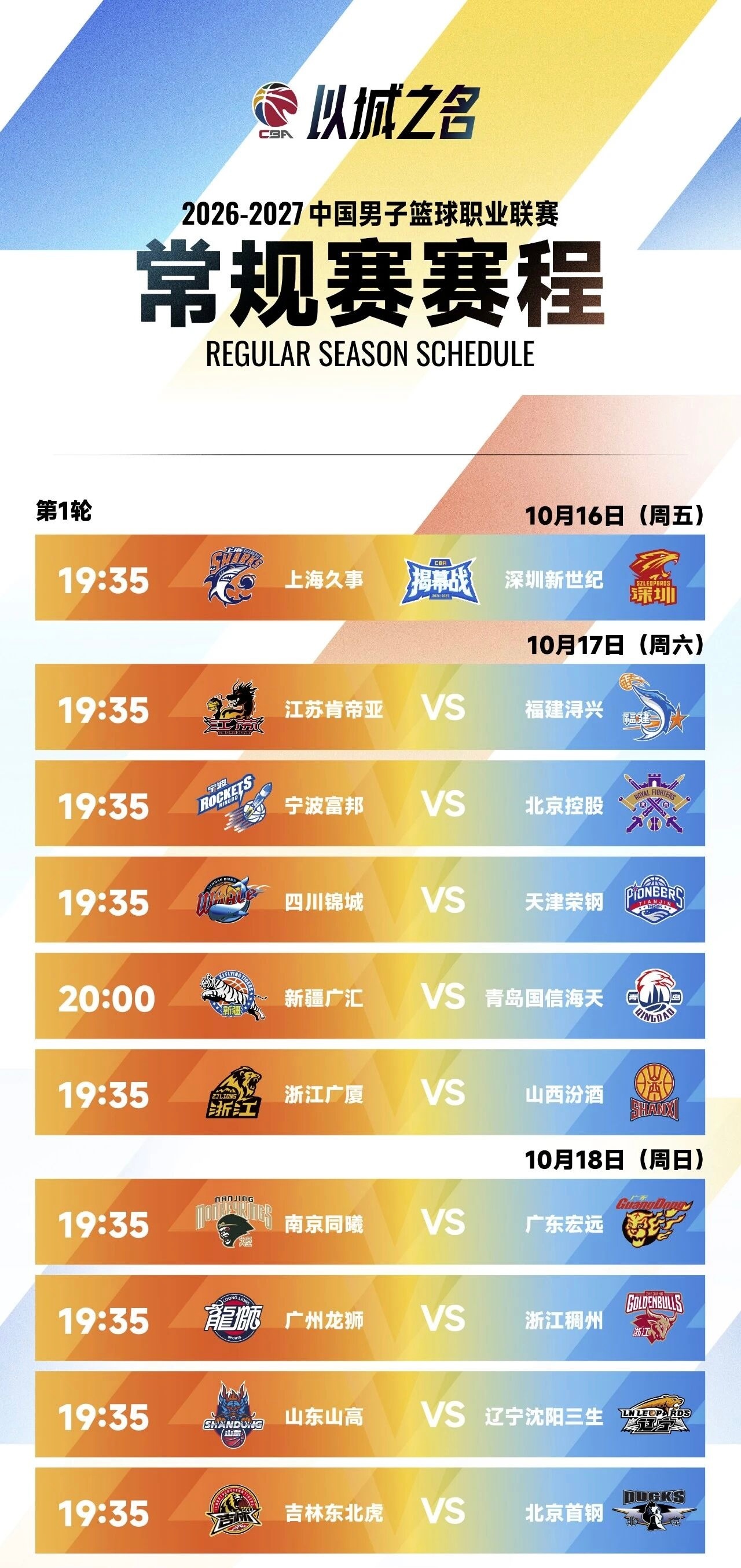 辽篮新赛季首场比赛是客场对阵山东男篮，10月18日在山东高速篮球馆进行。上个赛季