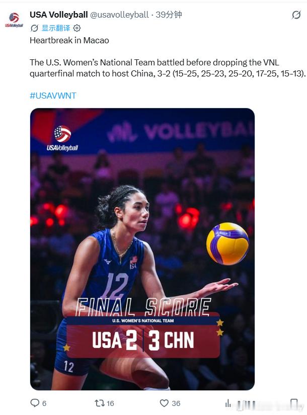美国排协官方发布：心碎澳门，遗憾惜败！美国女排拼尽全力，最终仍以2-3不敌东