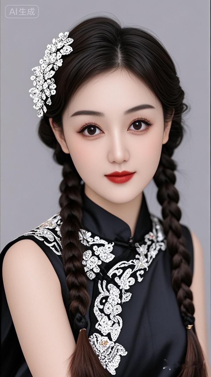19岁古风现代美女，专业人像摄影，发丝柔顺有光泽，黑棕色长直发头顶一缕编发，发饰