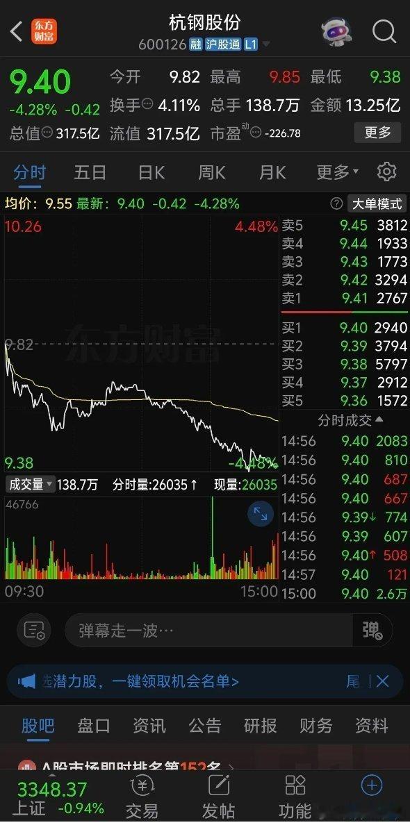 杭钢股份跌的太惨了，开盘后直接跳水下跌，各路资金纷纷割肉，10点后终于企稳，不少