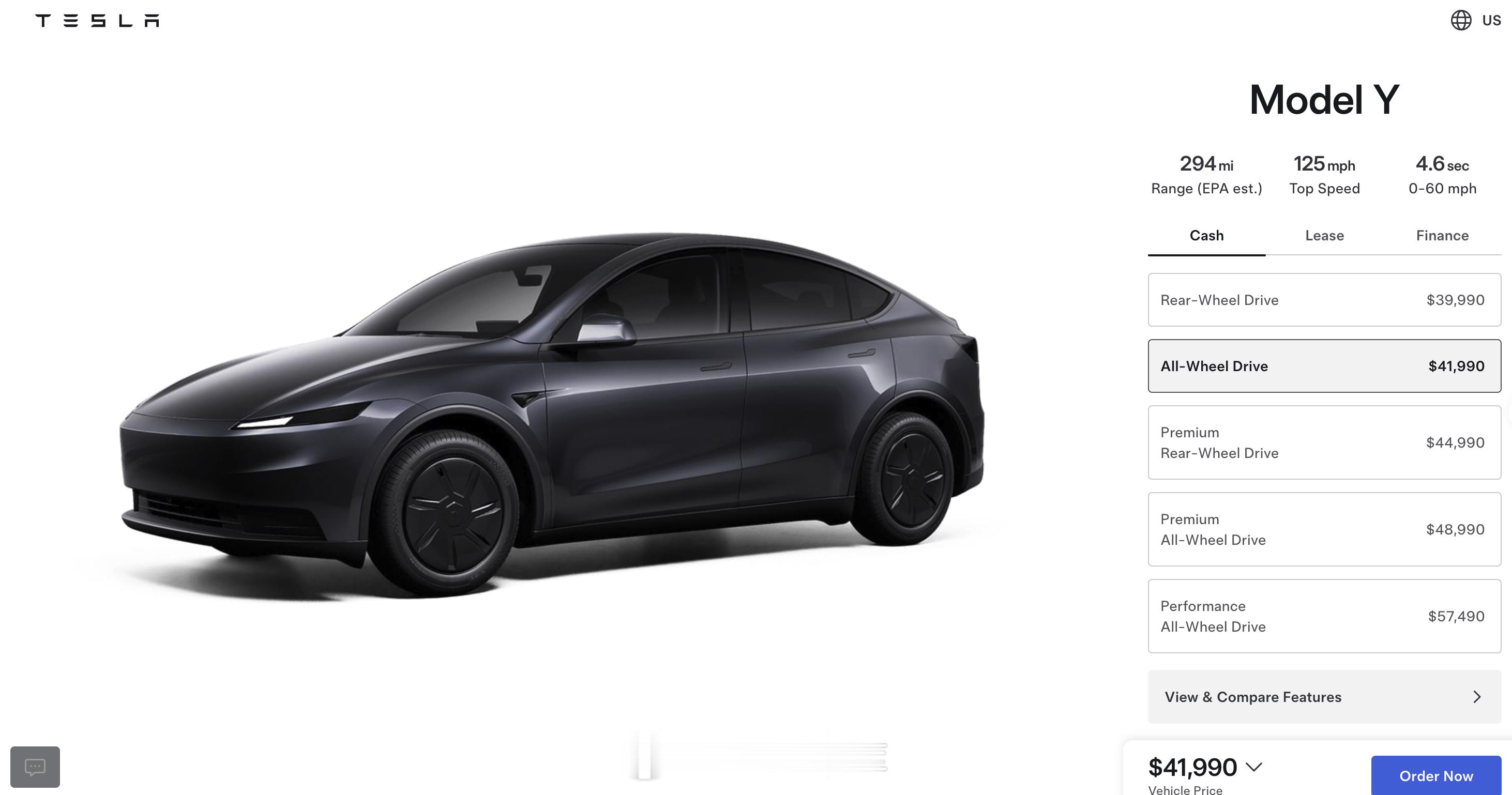 特斯拉美国市场更新车型，补齐了ModelY标准版的四驱版本，比后驱版贵2