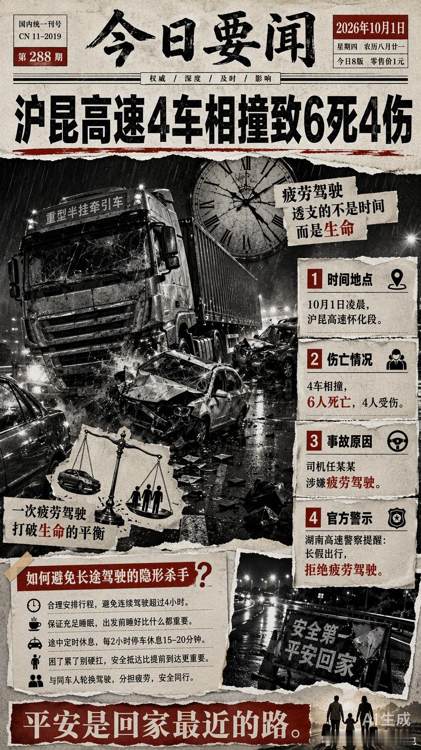 国庆第一天，本该是奔赴团圆的喜悦，却被沪昆高速上那一声巨响震碎了。6死4伤，这个