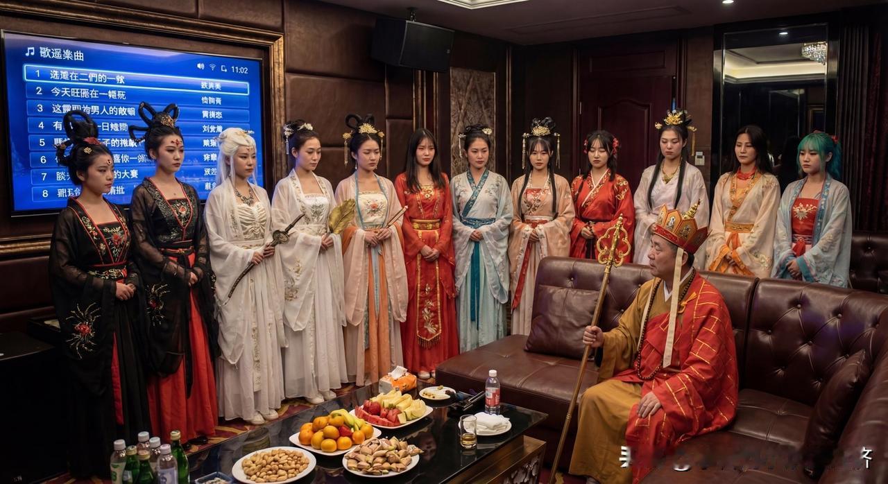 想不到唐朝已经过去了几千年。经历了上千年的唐长老穿着袈裟，依旧在KTV点着歌曲。