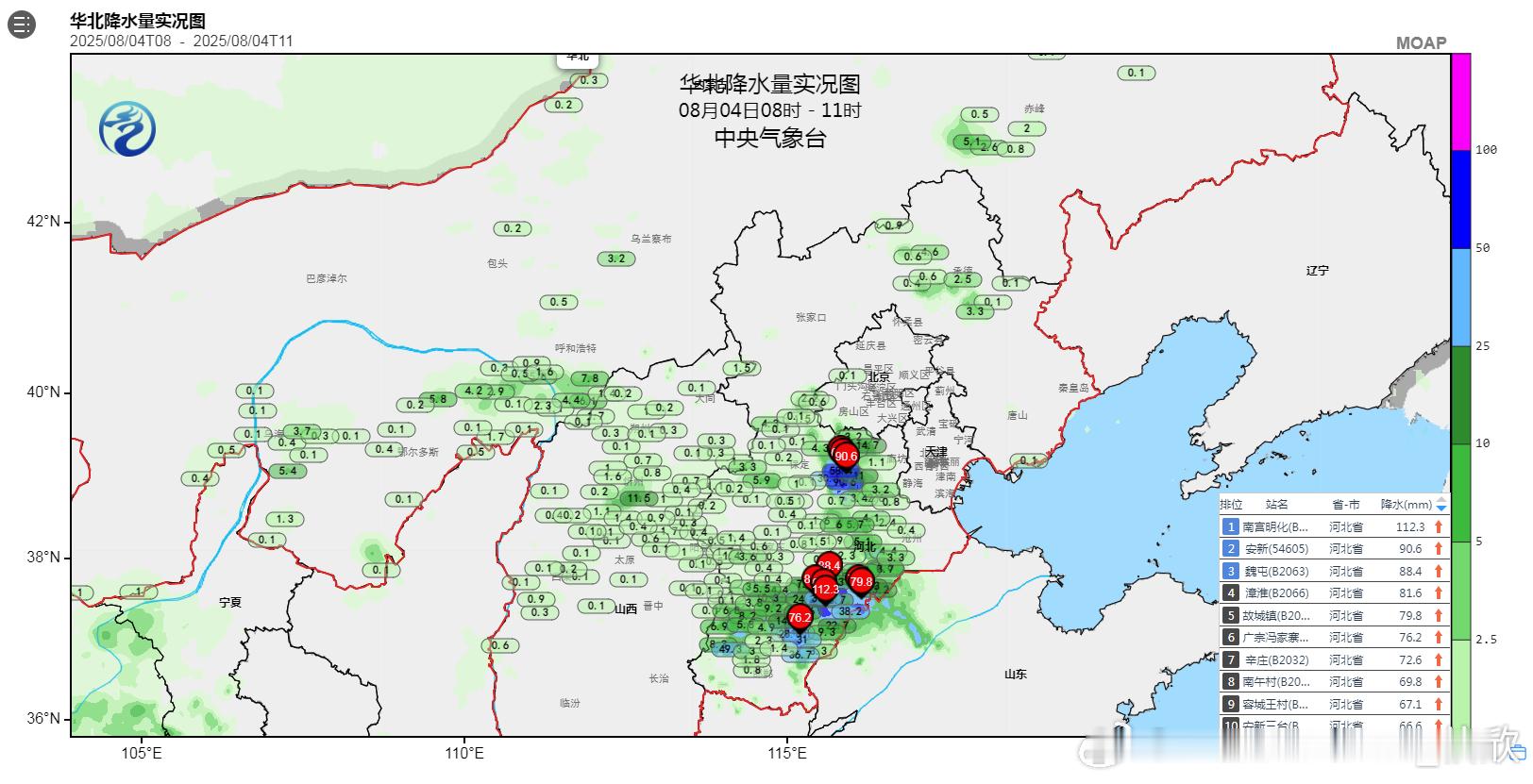 【华北强降雨】图1为今天08-11时华北降水量实况，图2为多家数值预报的结果对比