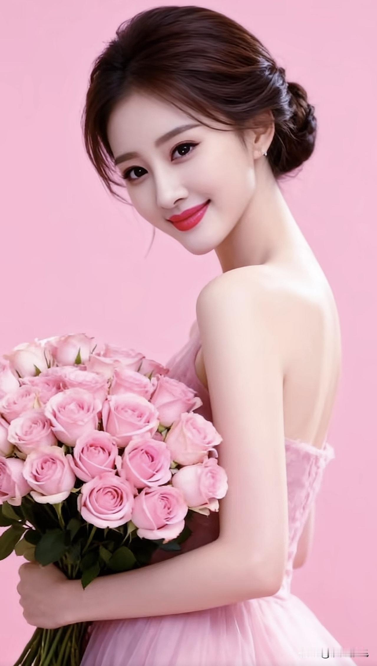 温柔粉裙少女，手捧粉色玫瑰，甜美微笑，粉色背景，梦幻浪漫。玫瑰花粉色照粉裙微笑