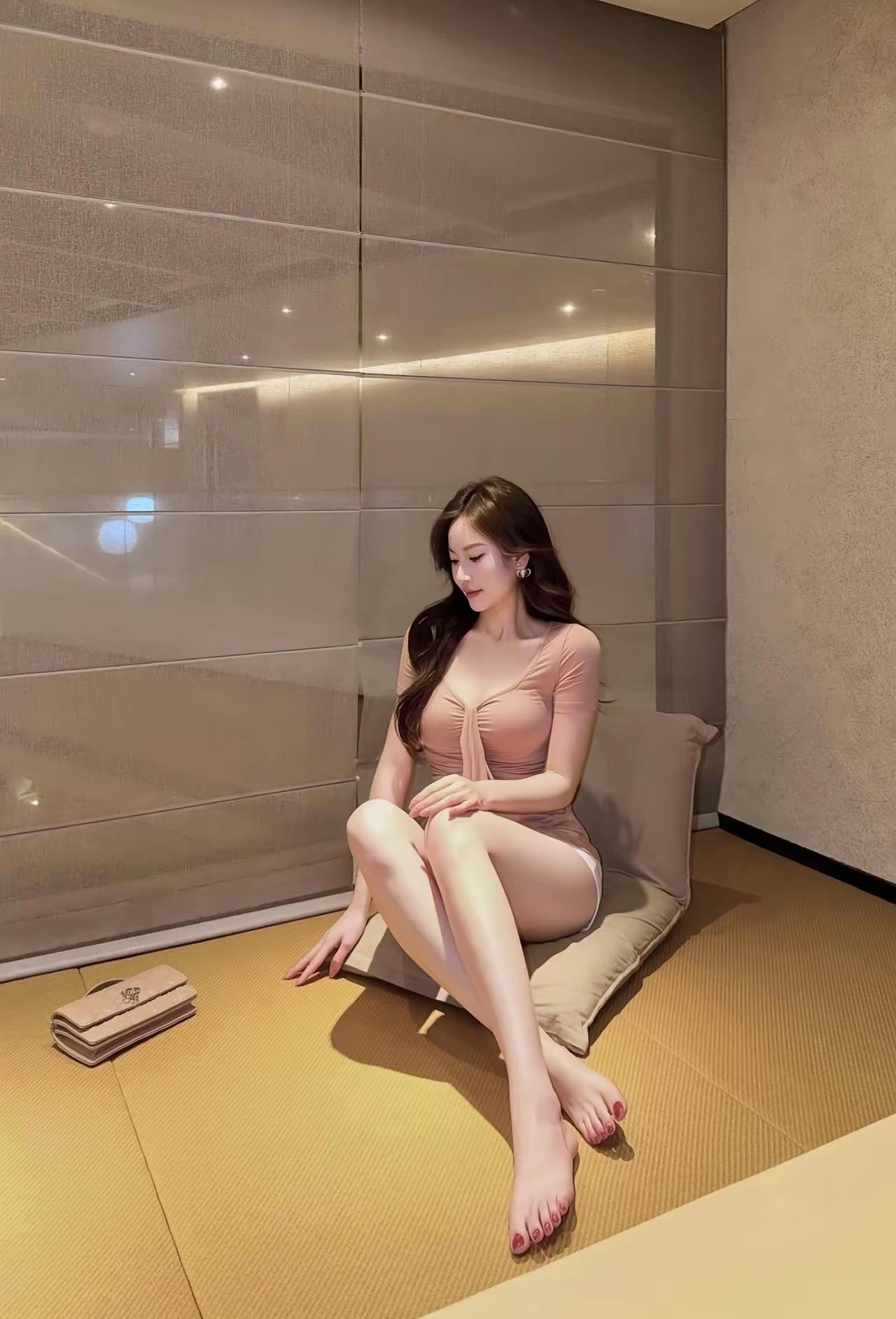 优雅坐垫上的甜美少女，温柔微笑，时尚穿搭，尽显魅力！