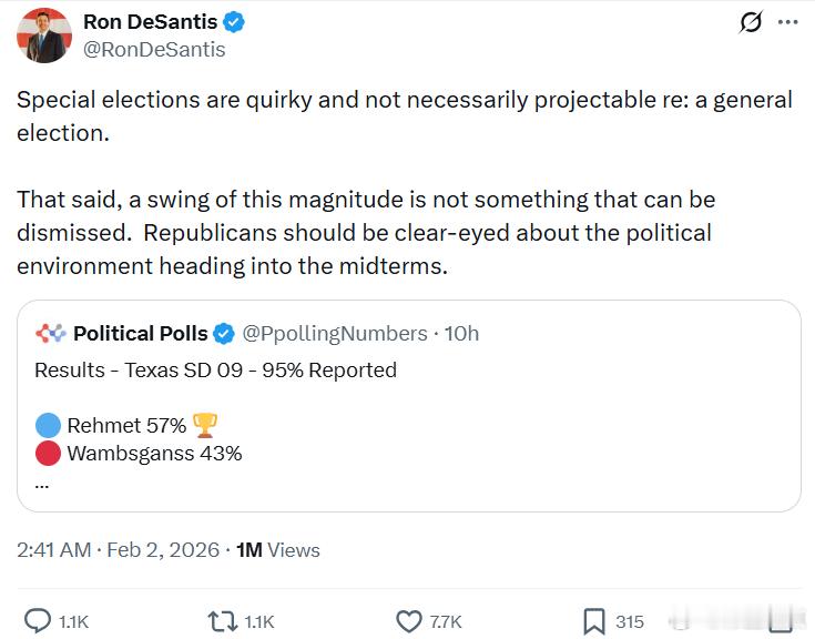 佛州州长德桑蒂斯对共和党中期选举发出警告：“特别选举往往具有偶然性，结果未必能直