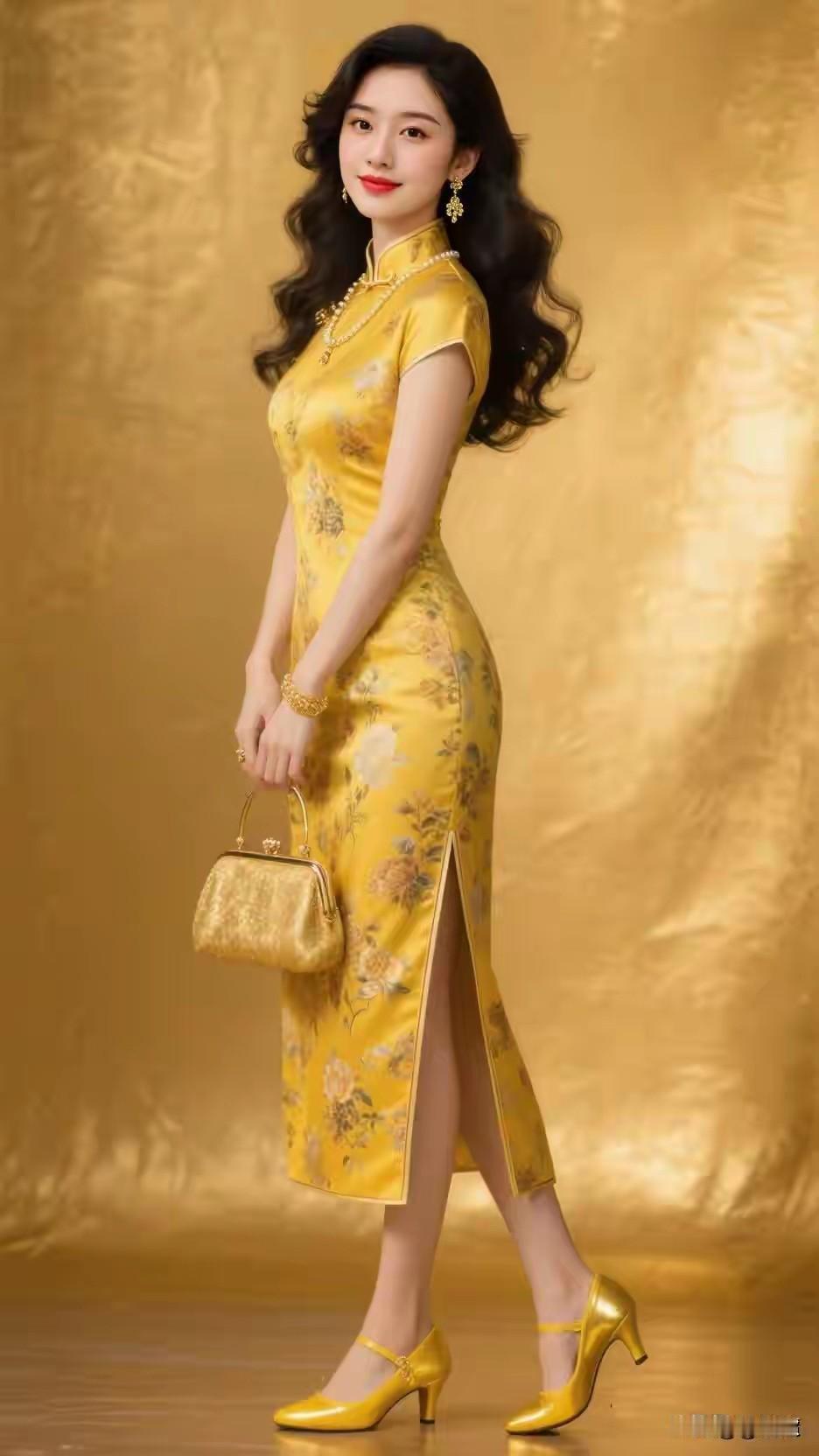 沉鱼落雁，闭月羞花天生丽质，国色天香金蕊旗袍，东方雅韵千娇百媚，花容月貌