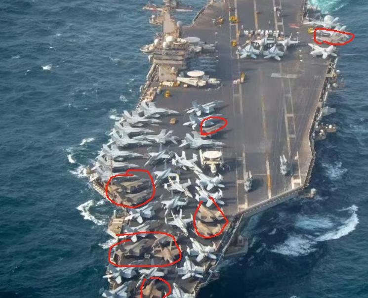 F-35C隐身涂层生锈的问题看来比预想的还严重，从这张“卡尔文森”号航空母舰整体