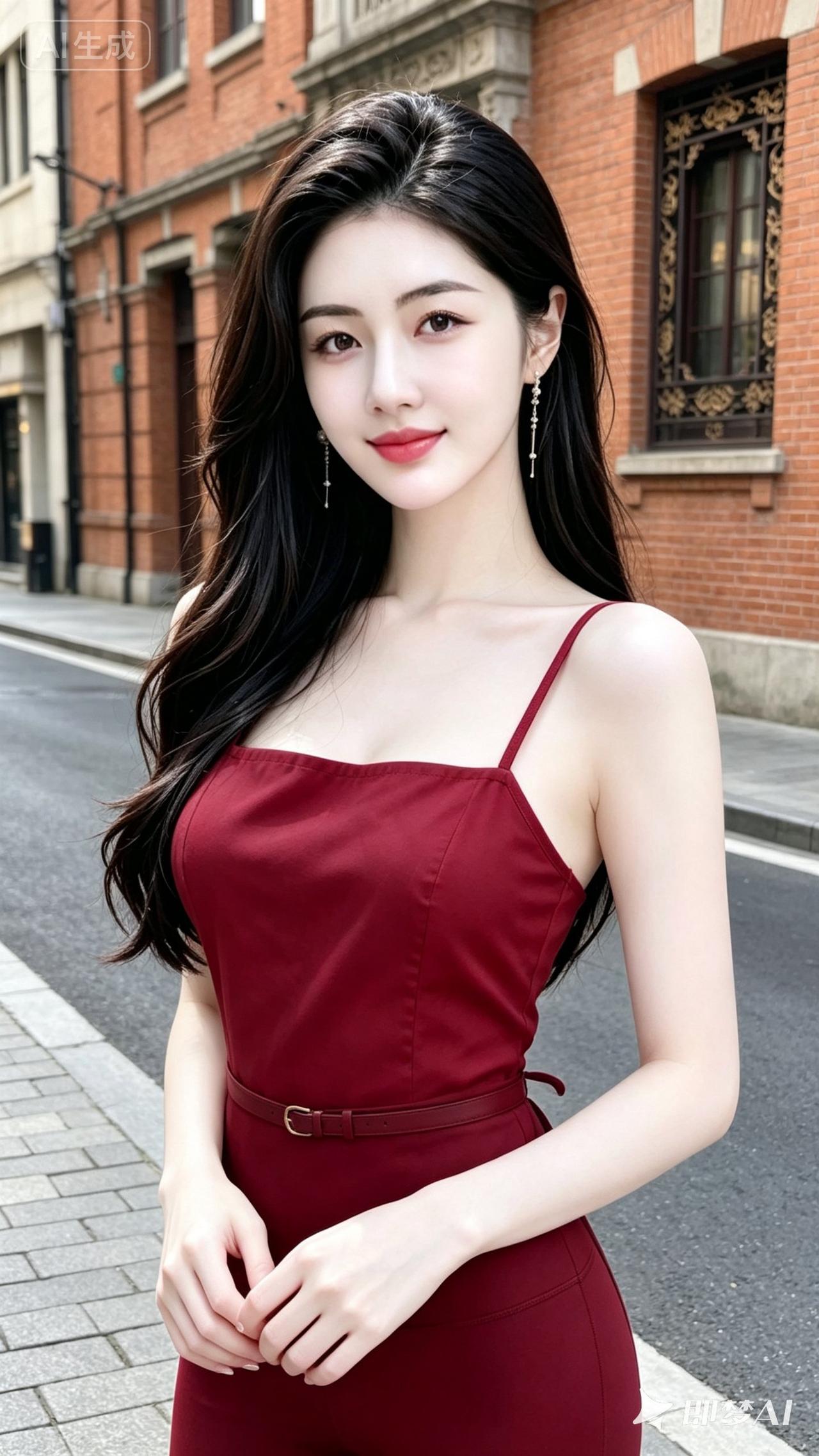 优雅红裙，都市街拍，气质女神