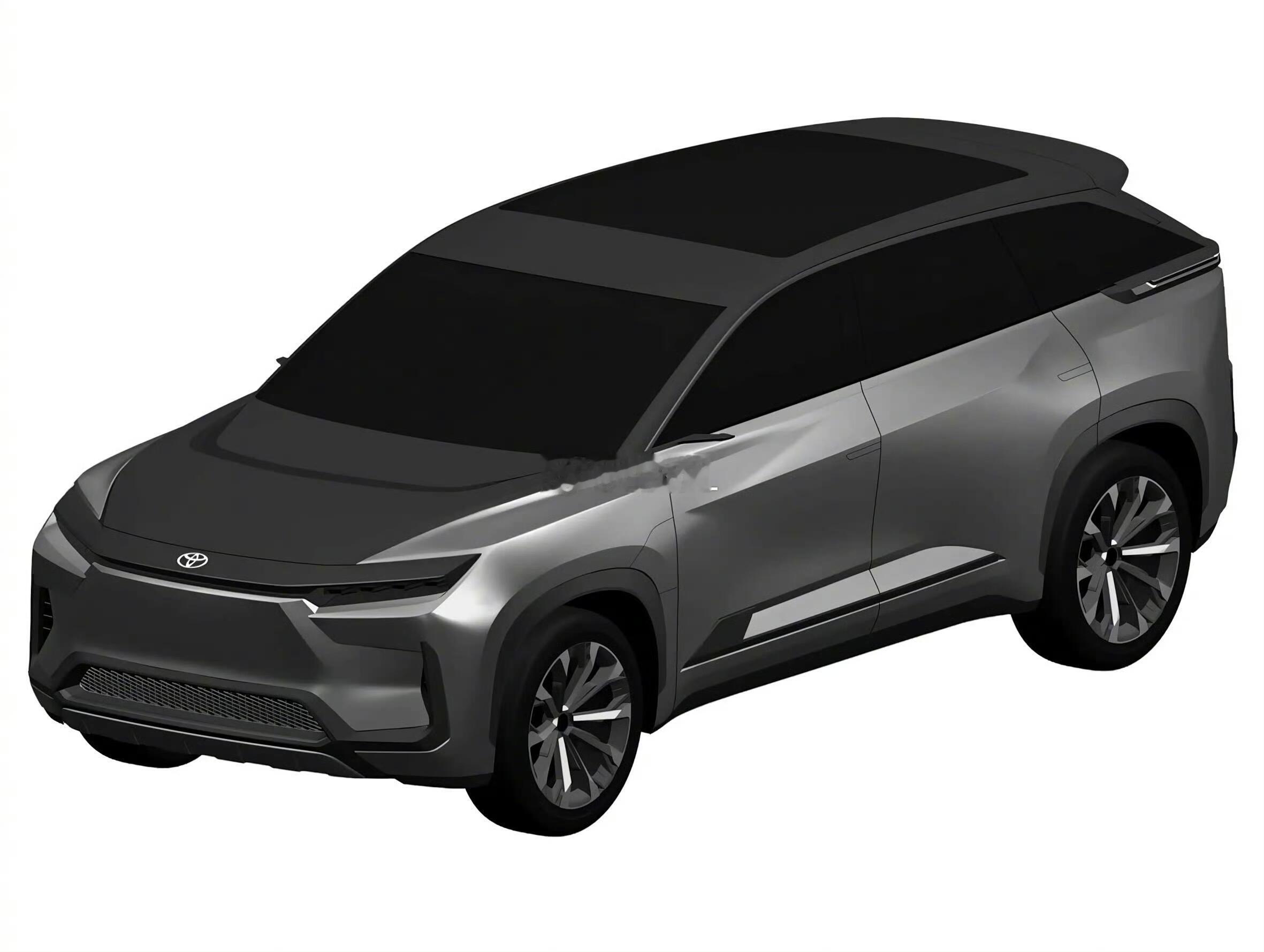 丰田全新SUV的内饰预告图和外观专利图，可能是汉兰达级别的纯电6座SUV。丰田