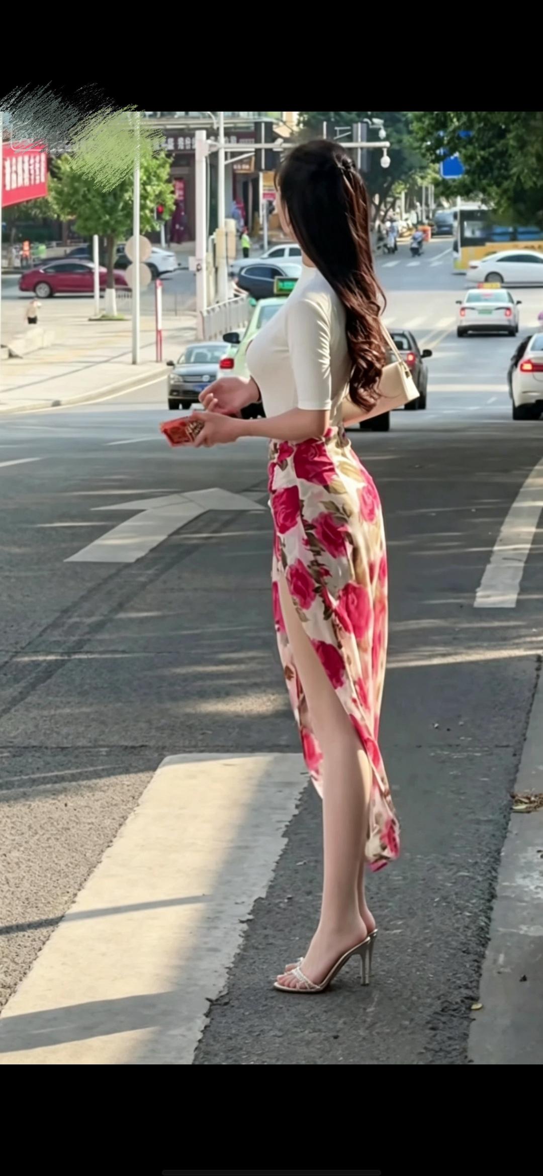 白衣搭配花长裙，身姿曼妙韵味十足惹人注目