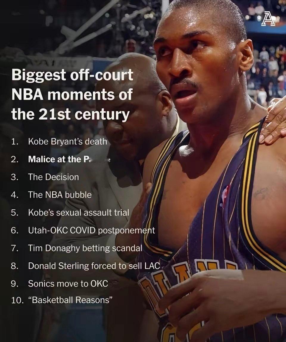 美媒评21新世纪NBA场外10大新闻：1、科比意外去世；2、奥本山事件；3、詹姆