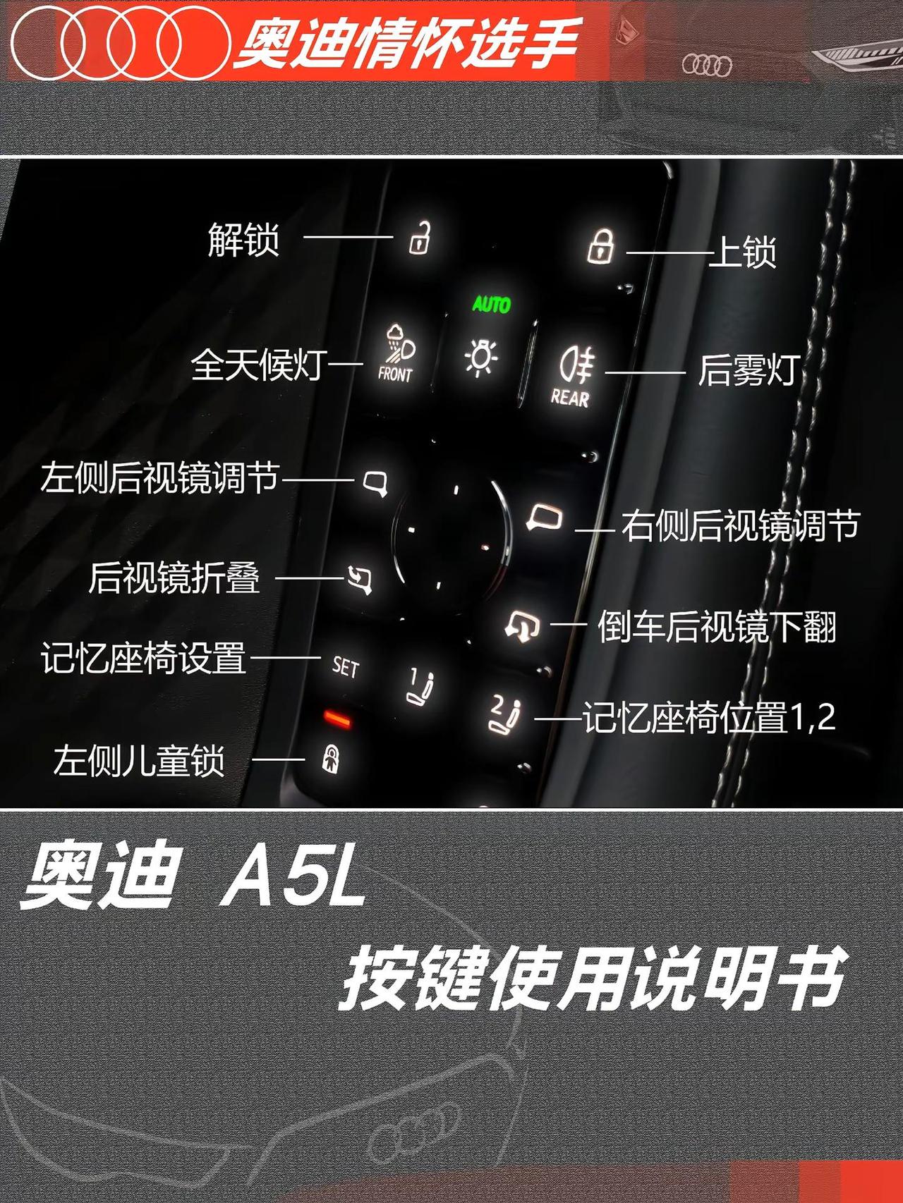 奥迪A5L开关按键图文功能说明。奥迪A5L按键图文使用说明奥迪A5L功能说明