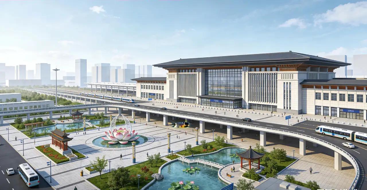 济南火车站南广场，如果这样建，又有荷花，又有水，三面荷花四面柳，一城山色半城