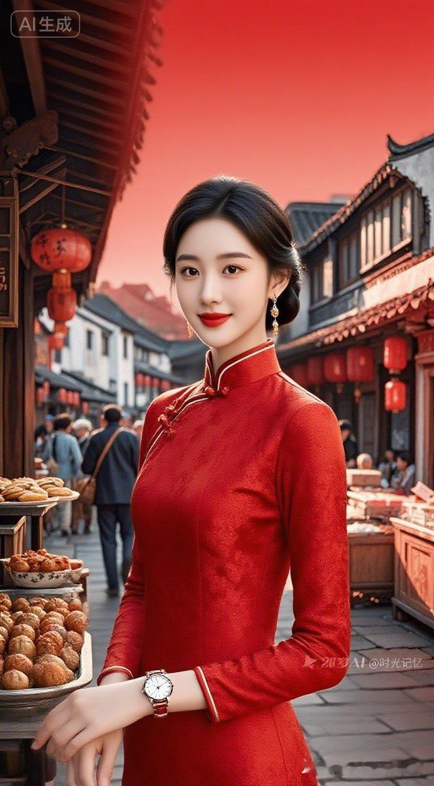穿旗袍的优雅女子，古风街景中的惊艳之美。