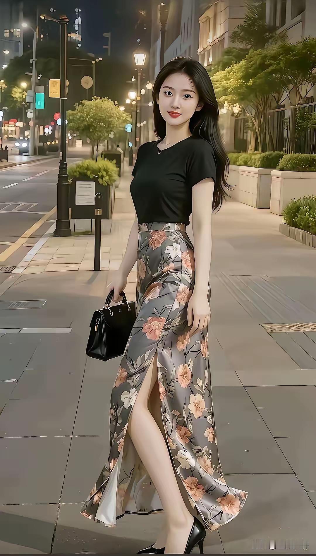 夜晚的都市街景，时尚穿搭，优雅气质，花裙飘飘，黑包相伴，都市女郎