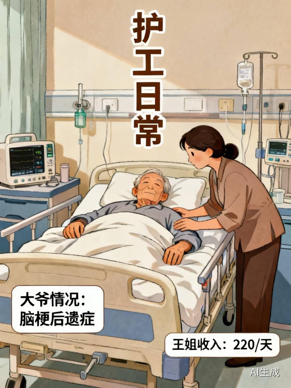 我跟你讲，隔壁床是个九十多岁的大爷，脑梗后遗症，半边身子不怎么听使唤，昨天又摔了