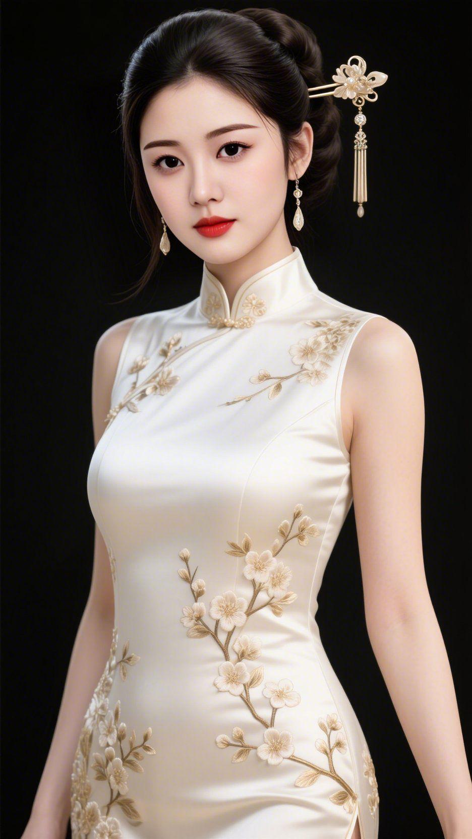 白旗袍藏东方韵墨黑背景铺展成静谧的底色，一袭米白旗袍上，金丝绣就的花枝婉转