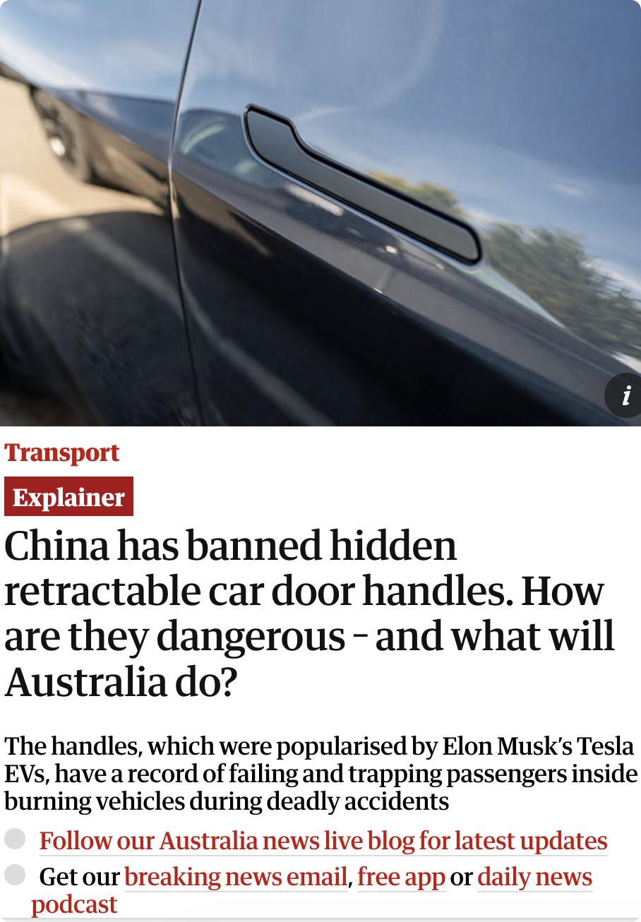 外媒：中国自2027年1月1日起全面禁止隐藏式伸缩车门把手，要求所有新车必须在车