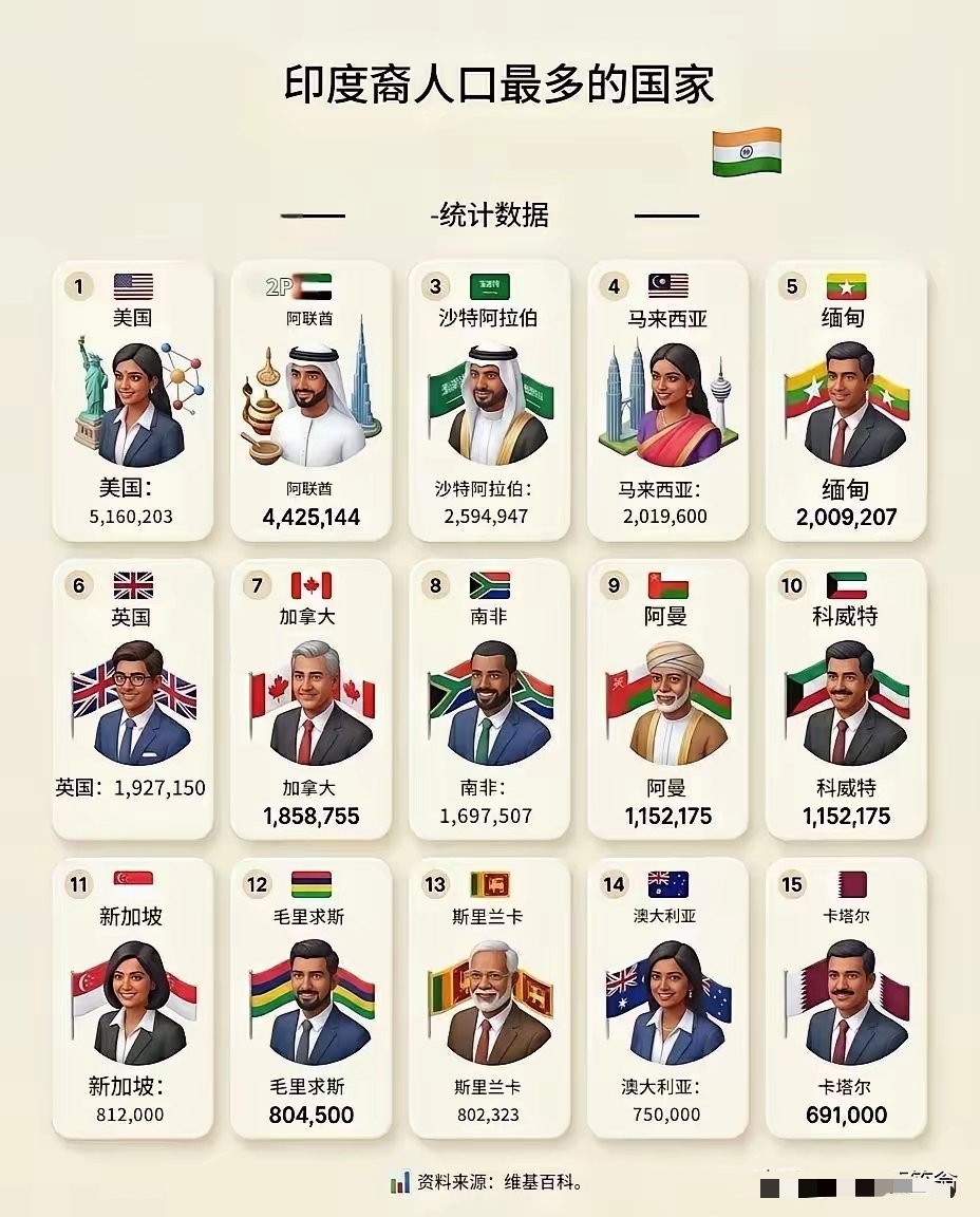 世界各国印度裔人口数量排名