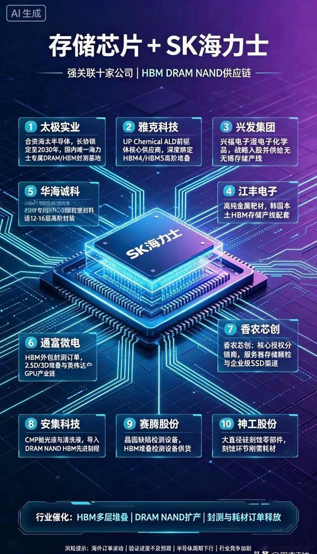 存储芯片+SK海力士强关联10家公司1.太极实业与SK海力士合资海太半导体，