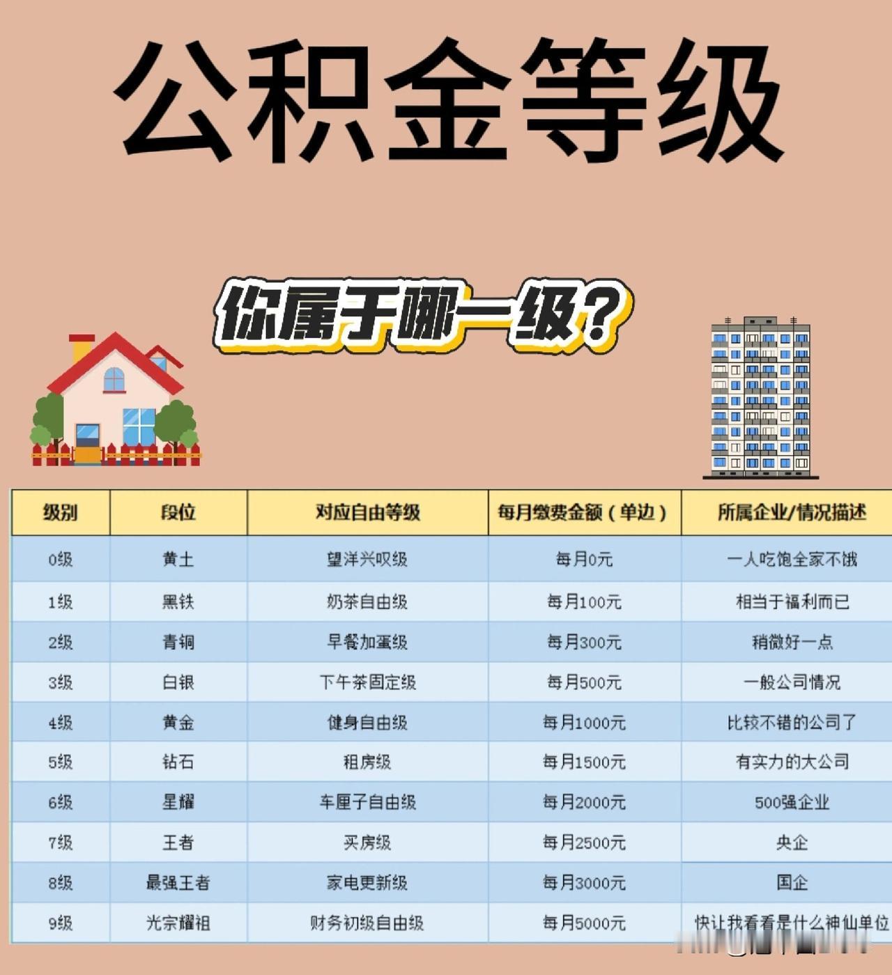 嘿，朋友们，网上最近疯传一张“公积金等级”图，真是扎心又现实！从0级“黄土”到9