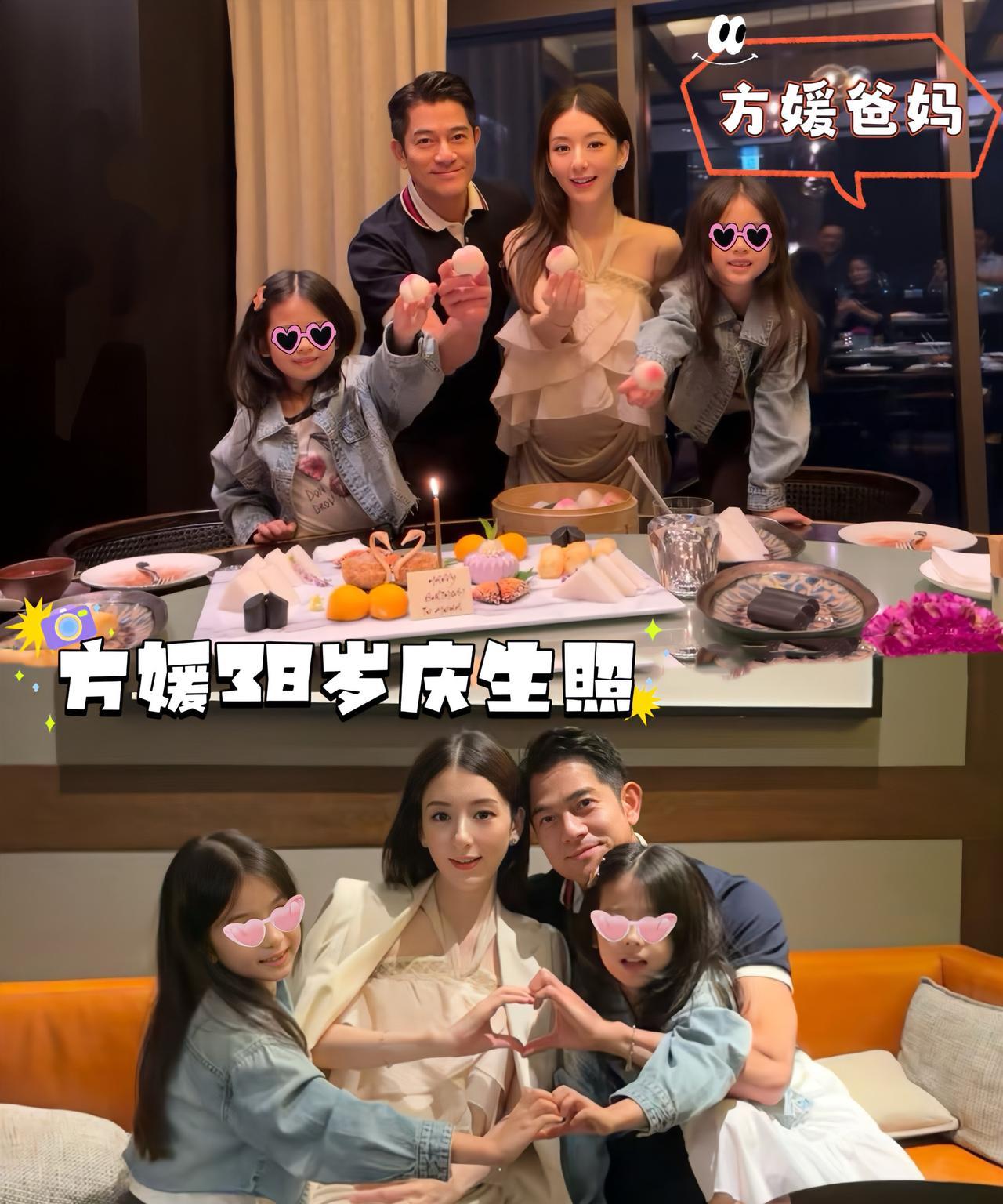 郭富城给老婆办了一个温馨的家宴，全家福是岳父岳母拍的，两个女儿穿着同款衣服，马上