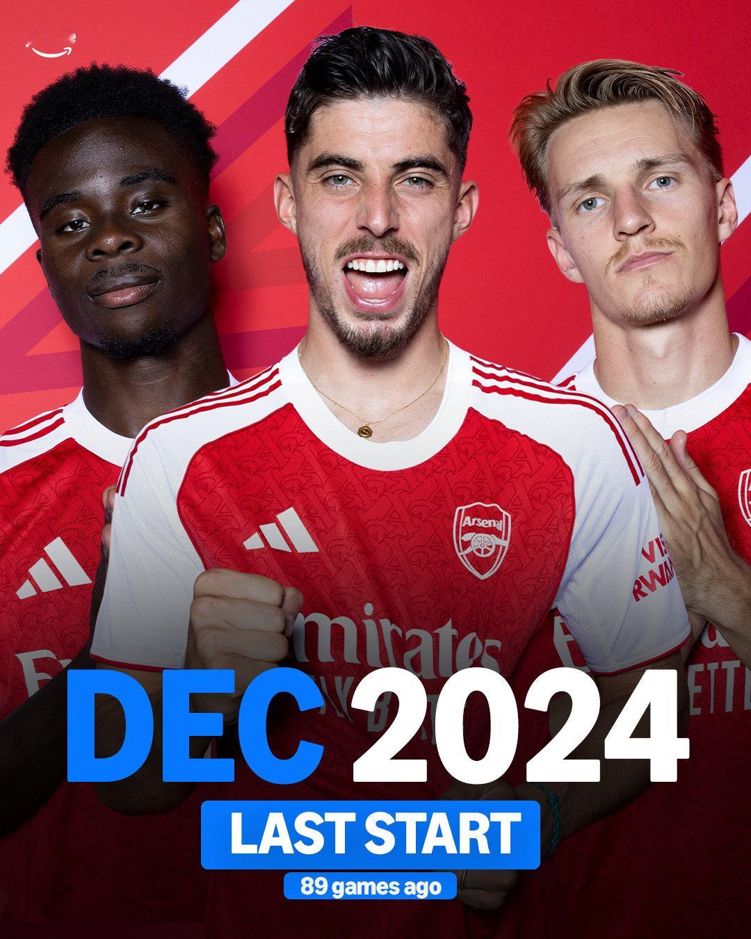 自2024年12月以来，萨卡、哈弗茨和厄德高就再也没有同时首发出战过一场比赛?