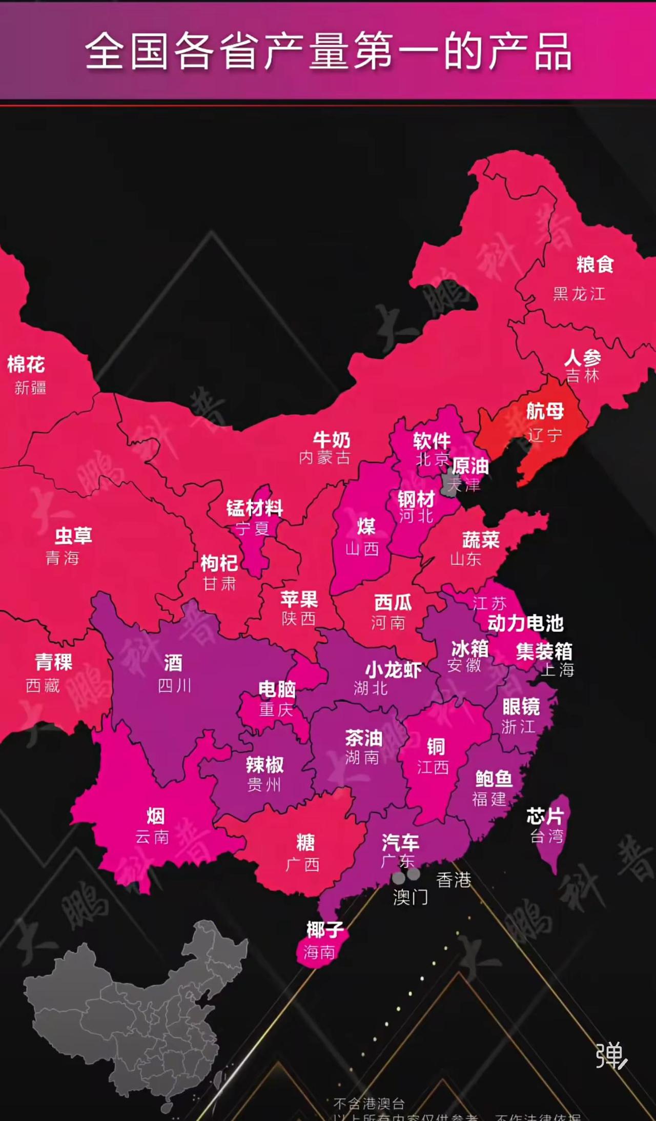 地图通过鲜明的粉紫渐变色块，直观呈现了中国各省级行政区最具代表性的主导产业或特色