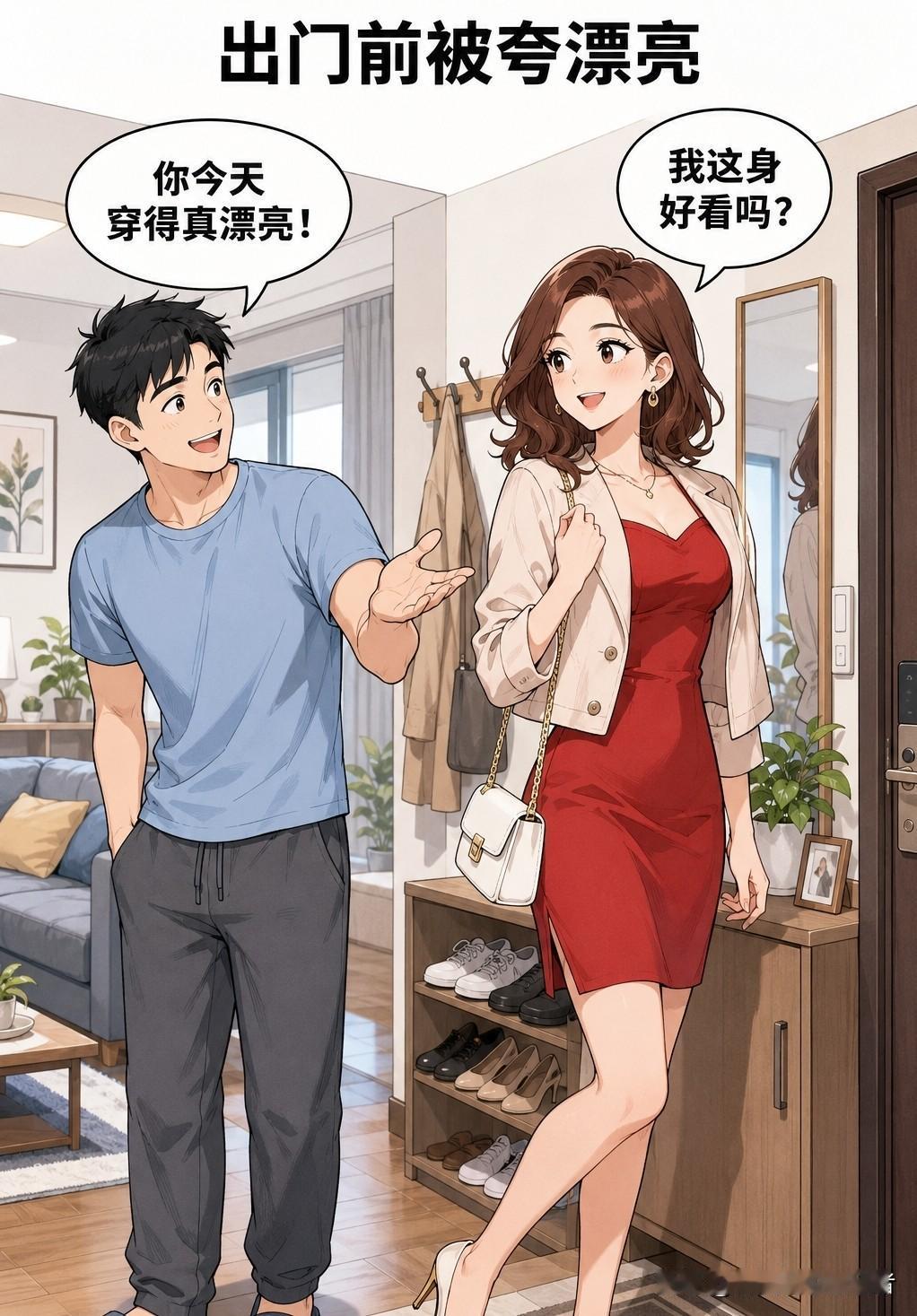 趣味漫画：妻子穿漂亮衣服出门，丈夫：你今天穿的真漂亮。妻子：是吗？那你觉得我明天