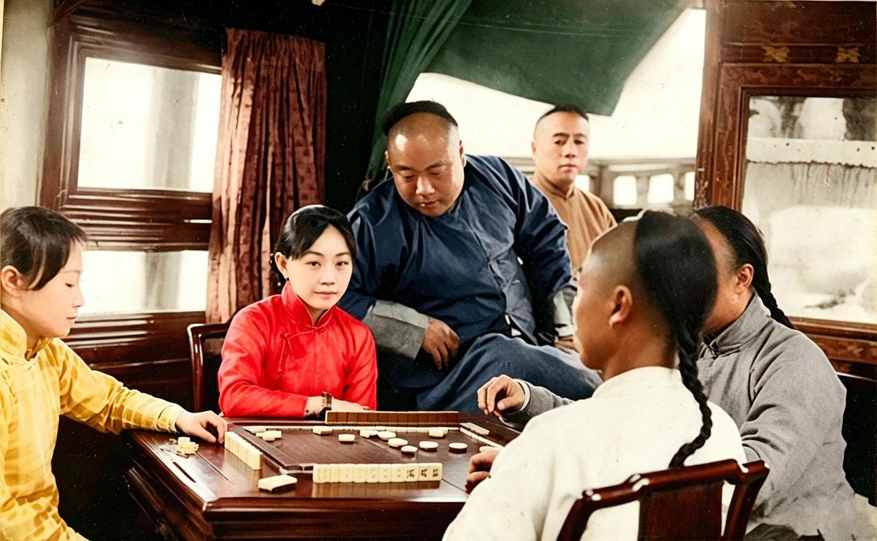 这是一八八八年两名高颜值青楼女子在花船上陪客人打麻将。这样高颜的青楼女子都在高级