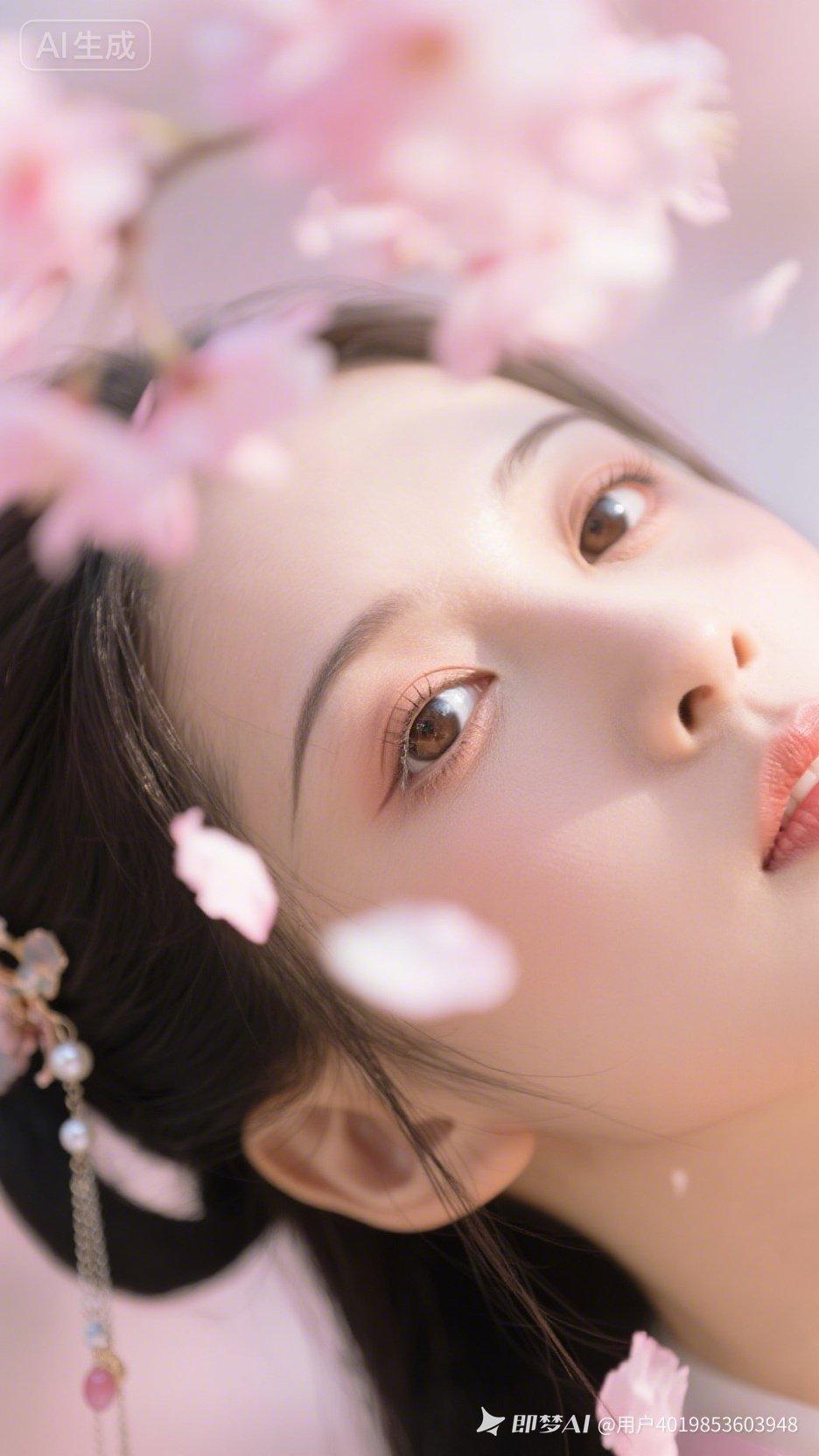 樱花飘落，唯美少女，梦幻般的春日气息。