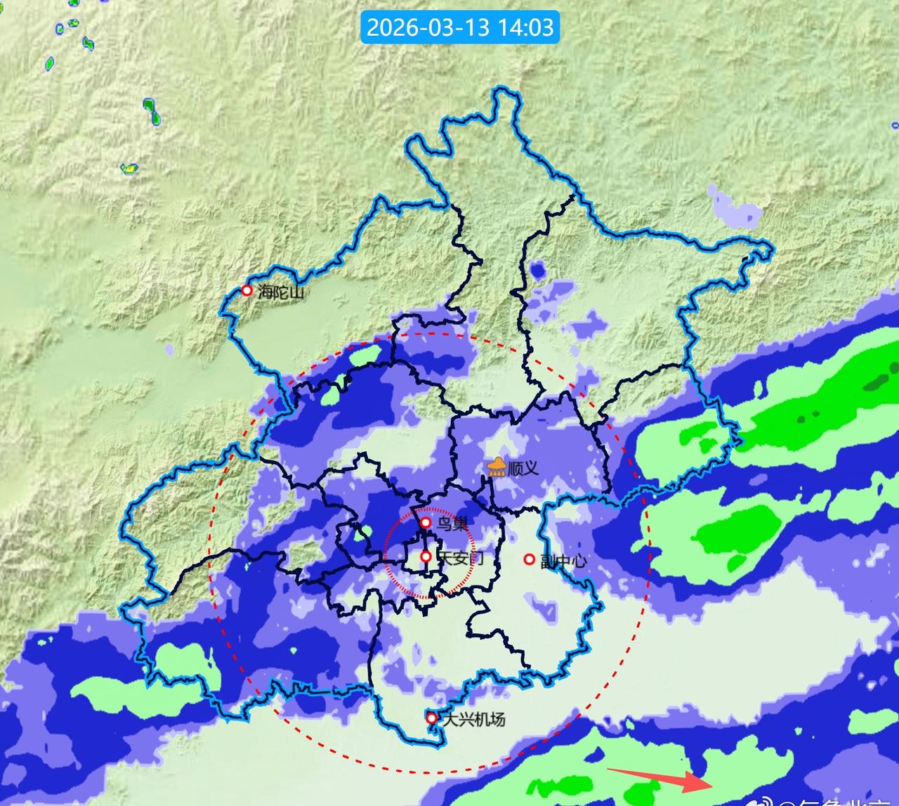 目前降水较弱，分布较为分散，城区以零星为主，最大小时降水量0.1毫米。​​​