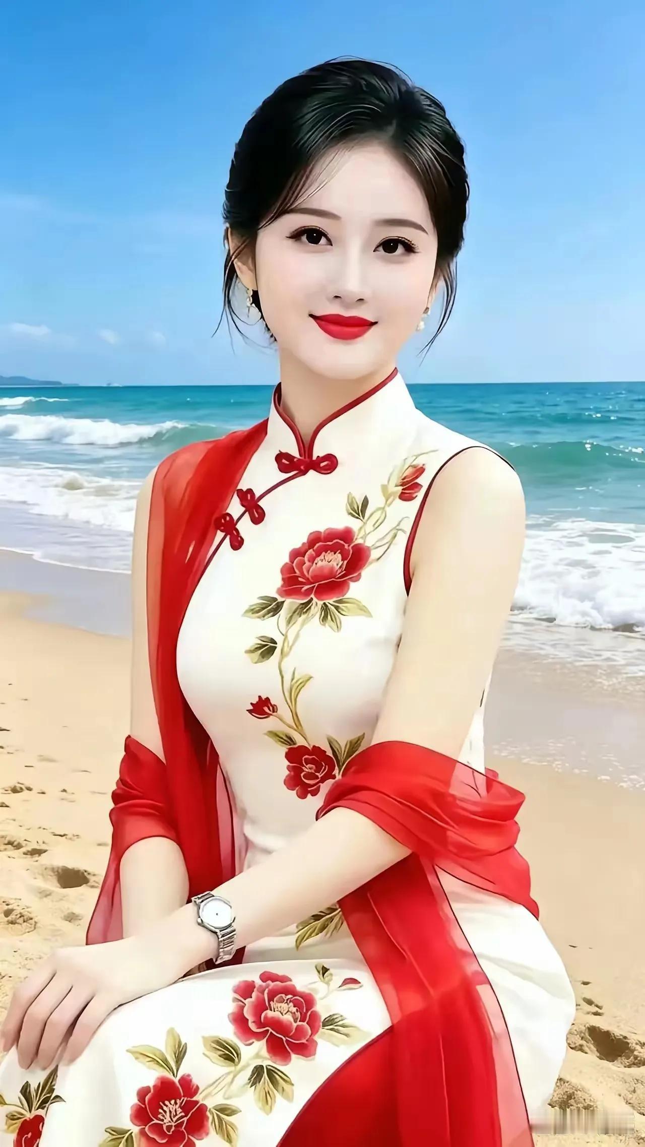 背景大海，身居沙滩。倩影一张，永久纪念。
